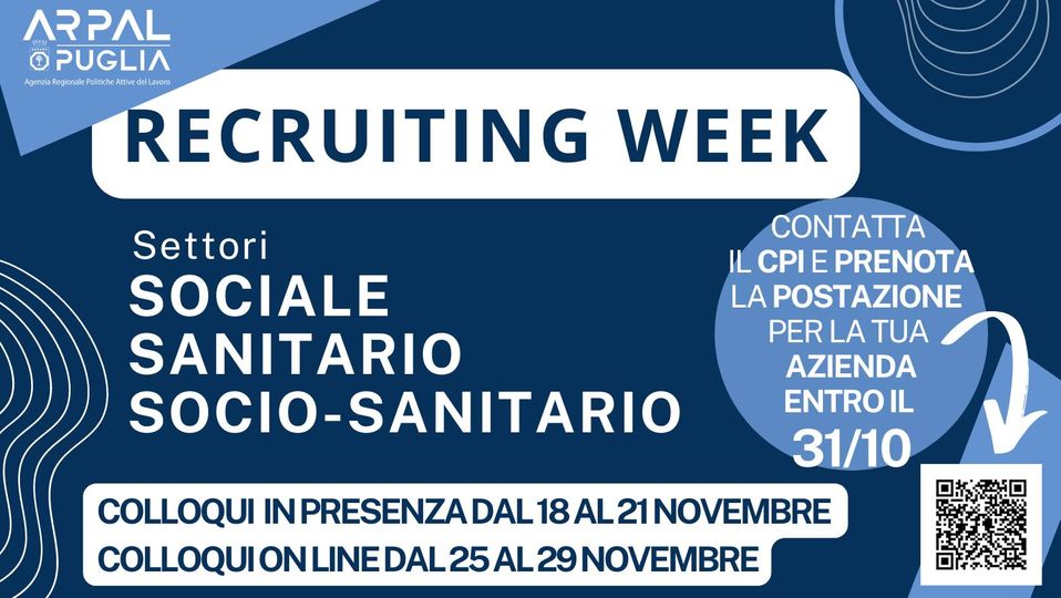 Recruiting Week settori sociale, sanitario e socio-sanitario. Chiamata pubblica alle aziende: prenotazioni entro il 31 ottobre